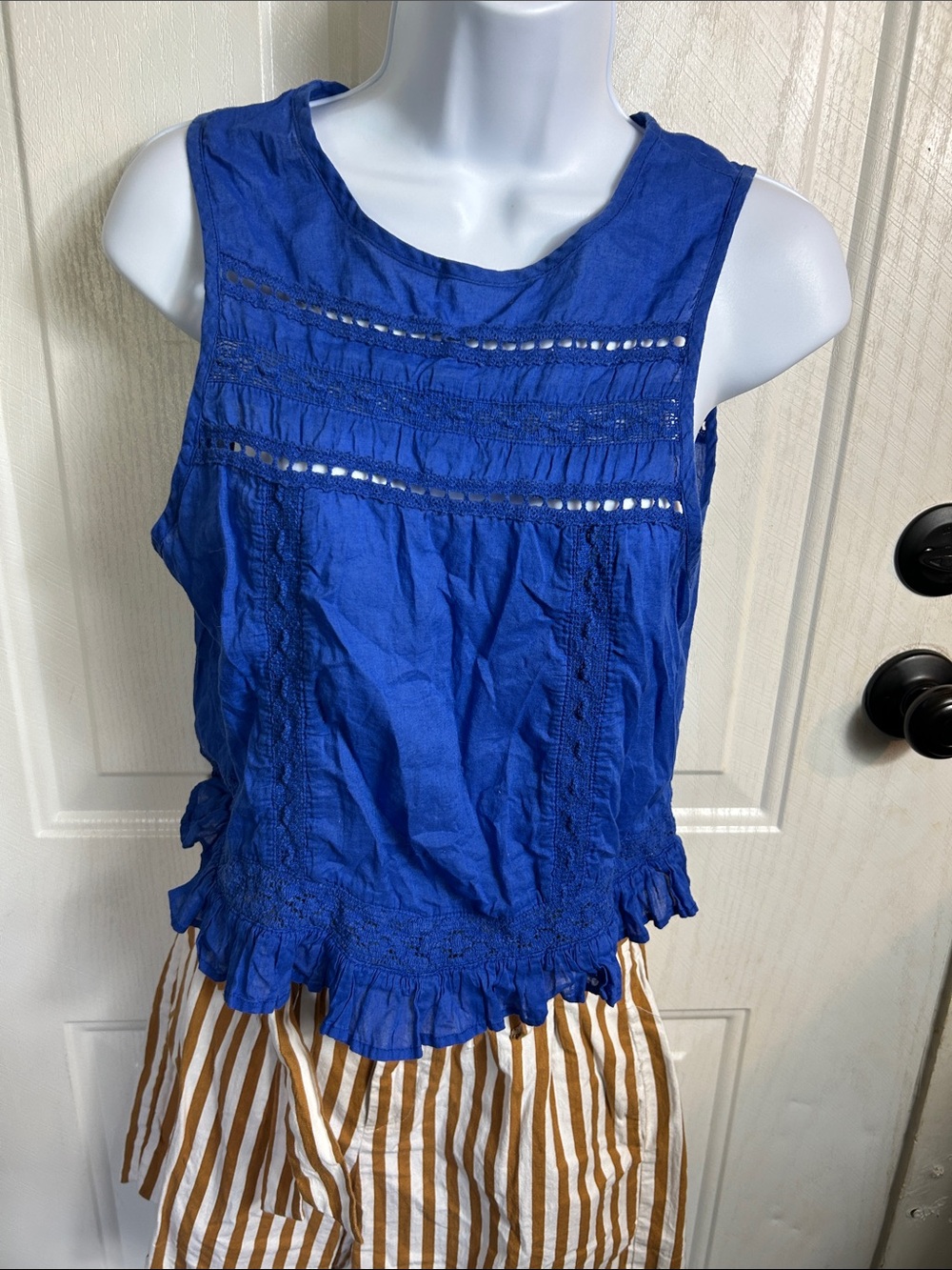 Sleeveless Royal Blue Lace-Trim Tank Top